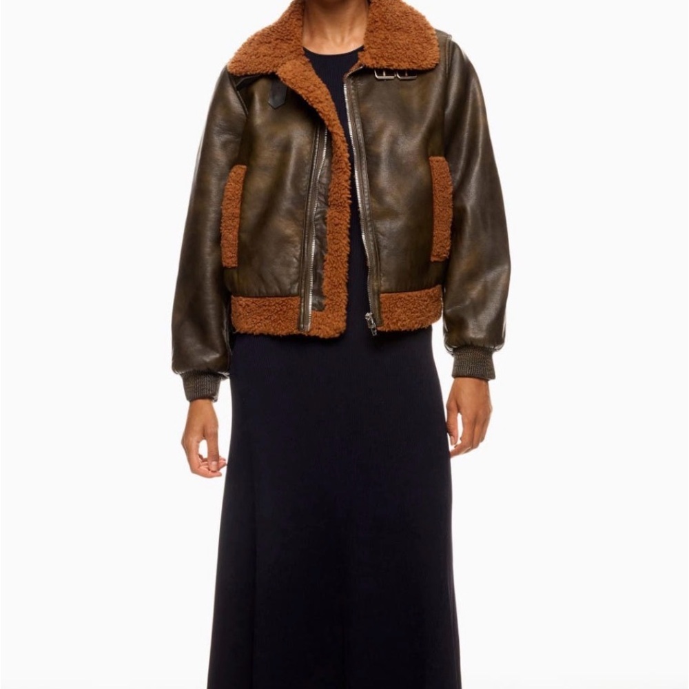 Blank NYC Olive Green Bomber Jacket with Brown Faux-Shearling Trim